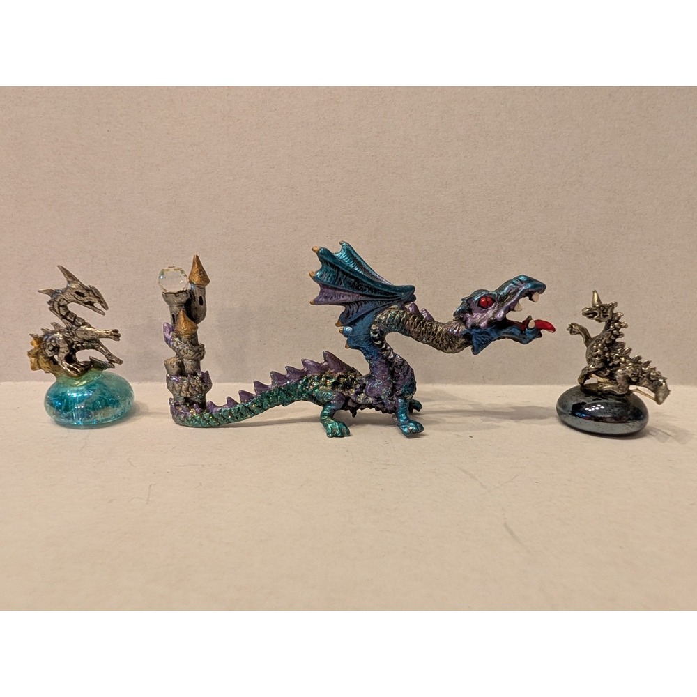 Pewter Dragon Lot/Teal Dragon with Castle/2 Small Dragons on Colorful Bases